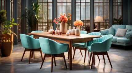 Fototapeta na wymiar Home interior mock-up with turquoise armchairs, table and pampas, 3d render. Created with generative AI.