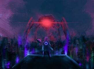 Science fiction,man against the spider giant robot ,futuristic dystopia ,digital art, Illustration painting. © Wachirawit