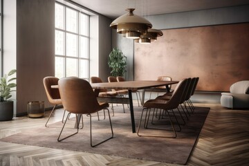 Interior of a modern meeting room with a dining table and brown leather seats on a grey carpet, beige concrete walls, and a hardwood floor. Generative AI