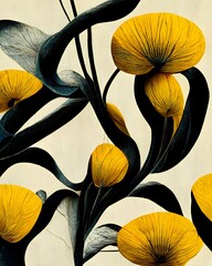 pattern small yellow wild flowers on the black background graceful long thin stem symmetry ctane render hyper detailed style by watercolor style by surrealism 
