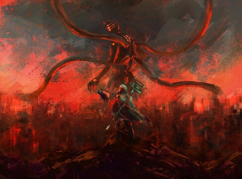 warrior standing and against damon ,tale monster,creatures of myth and Legend ,digital art, Illustration painting.