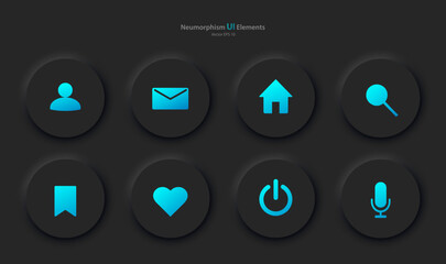 Buttons for mobile devices in the style of neumorphism, UI, UX. A set of user interface elements for a mobile application in black with blue elements. Vector EPS 10.