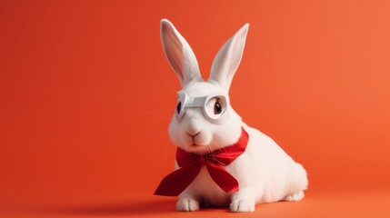 Obraz premium Whiskered Warrior: Rabbit in a Hero's Mask and Outfit Protects the Meadow's Peace
