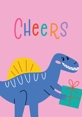 Birthday card with smiling tyrannosaurus, dinosaur giving present composition, template with cheers hand written lettering, vector arrangement with t-rex in party hat, postcard for baby shower