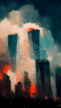 september 11 nyfd world trade center plumes of smoke crowds first responders god bless america dark watercolor 