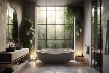 Fototapeta premium Interior of a luxury modern home bathroom with a glass bathtub, shelf, plant, and window. Generative AI