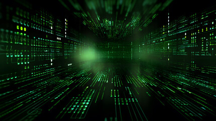 Fototapeta na wymiar A dark background with a matrix of green binary code created with generative AI