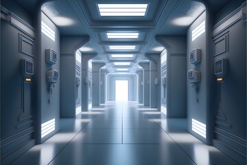large futuristic office hallway with 4 doors to rooms 
