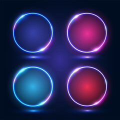 Neon frames with shining effects, highlights on a dark background. A set of round futuristic modern neon glowing banners. Vector EPS 10.