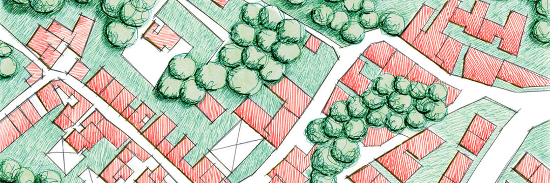 Imaginary cadastral map with buildings, land parcel and vacant plot - land records and property registry concept with cadastral parcel