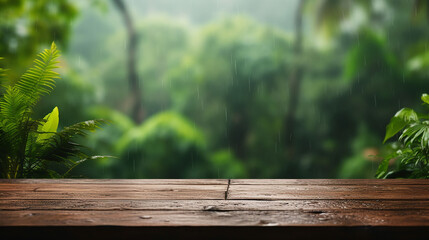 Empty wooden table in the rainy tropical forest with blurred background, Generative Ai