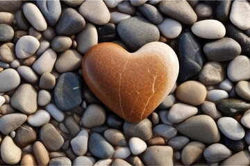 Heart shaped pebble on the stone beach. Generative AI. - 617776194