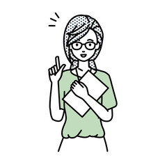 立って書類を手に持って何かひらめいた教師の女性