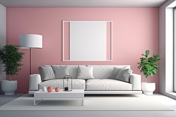 minimal comfy mood living room with a white sofa and empty art wall hanging frame on soft pink wall, mockup idea, Generative Ai	