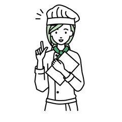 立って書類を手に持って何かひらめいた調理師の女性