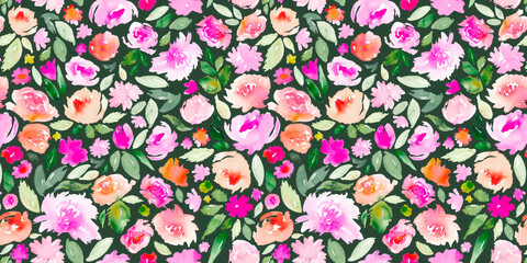 Watercolor floral in fuchsia, coral and green. Seamless pattern.  - 617776359