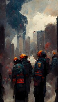september 11 nyfd world trade center plumes of smoke crowds first responders god bless america dark 