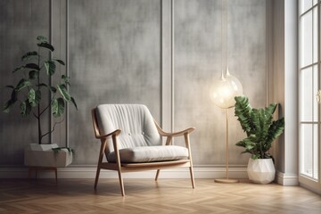 Interior design of a modern room with a chair, pillows, and a plant. Generative AI