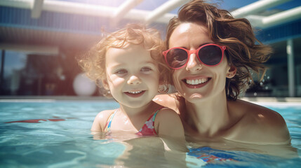Girl playing in Swimmingpool with Mother