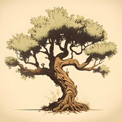 Classic Disney style drawing young oak tree 2D simplfied shapes 