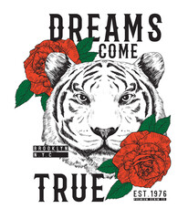 tee print design with tiger head and roses sketches as vector © MKE PRINT LAB.