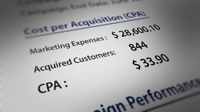 Animated Marketing Campaign Report with a Focus on Cost per acquisition (CPA) Number. Fictitious Data Created Exclusively for This Concept Footage
