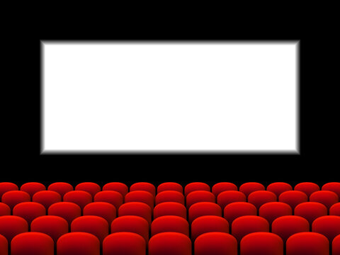 Beautiful red cinema hall with seats facing transparent screen template on a black stage