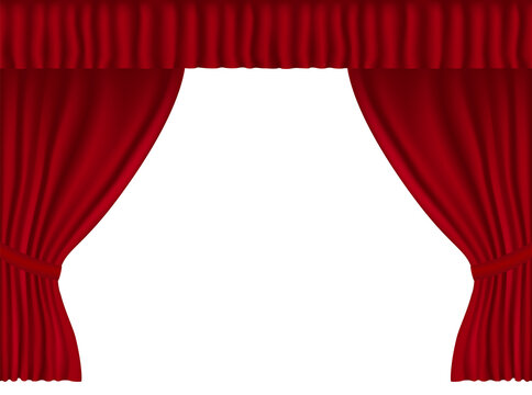 Beautiful red theatre folded curtain drapes on transparent background.