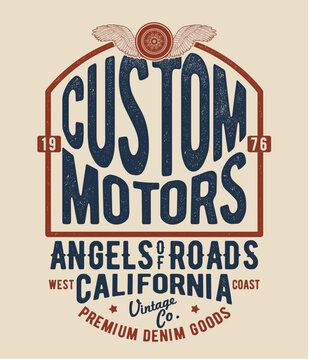 vintage custom motorcycle concept tee print design as vector with wheel and wings drawing