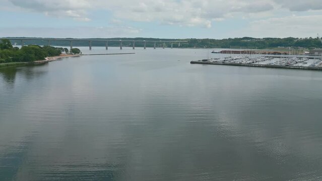 Vejle fjord highway bridge and Boelgen modern apartments, Denmark