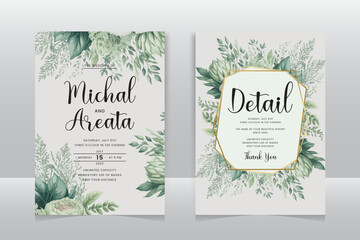 Beautiful hand drawing watercolor flower and leaves wedding invitation card