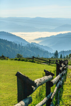 Morning view of the peaks of Beskid Sądecki (Poland) from the tourist trail near Obidza on a spring