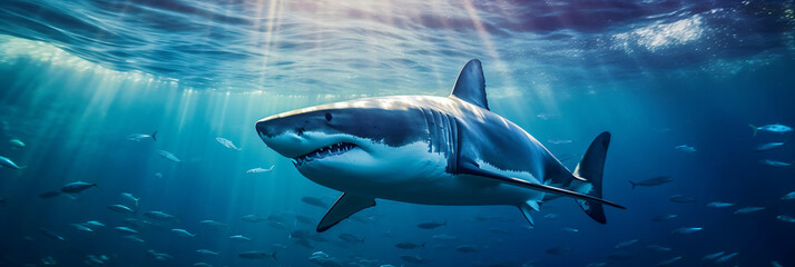 Fototapeta premium great white shark swimming in the deep blue ocean, generative ai