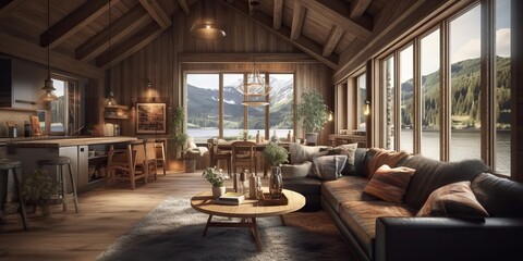 AI Generated. AI Generative. Scandinavian living room design decoration interior house cozy elegant concept view. Graphic Art - obrazy, fototapety, plakaty