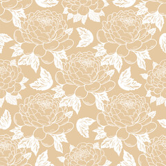 White peonies on beige background hand engraved. Seamless floral pattern. Monochrome flowers print for textiles, wallpapers, packaging, paper, vector illustration