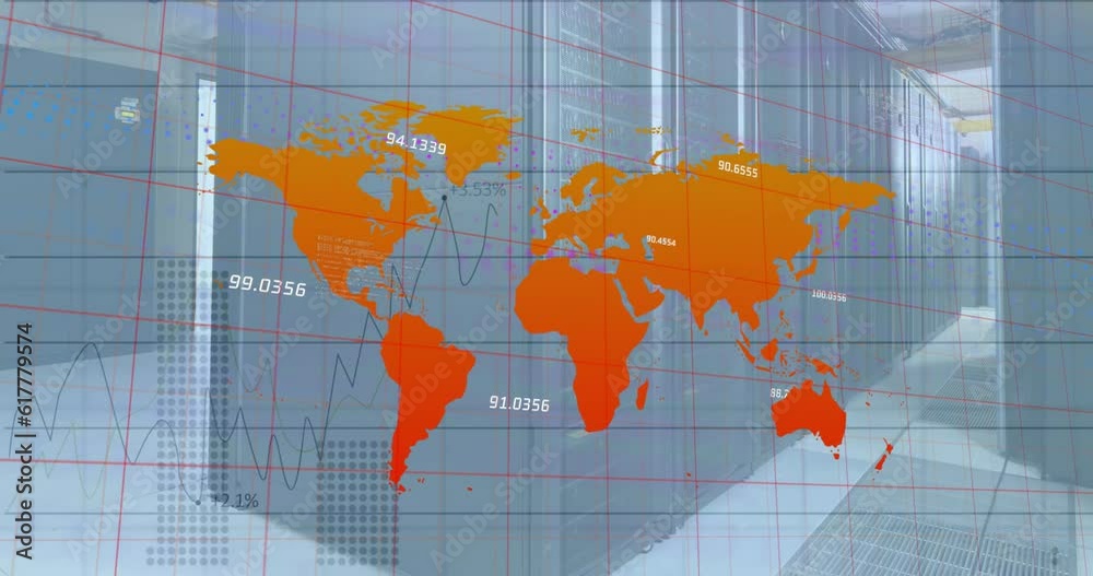 Poster animation of statistical data processing over world map against computer server room