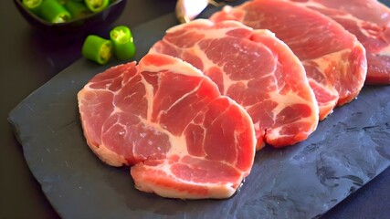 A group of meat on a black surface. Raw meat on a cutting board.