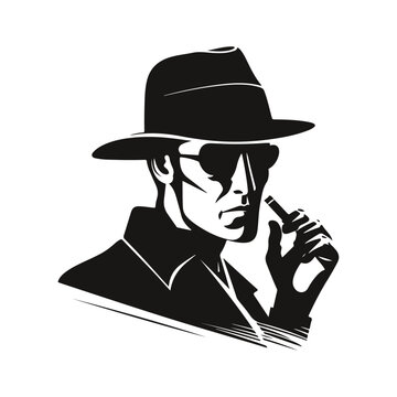 Silhouette of a mysterious man in a hat with a mustache in glasses. Retro style vector illustration of noir gentleman in coat. Mafia icon symbol logo isolated on white background