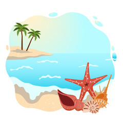 Fototapeta na wymiar Tropical island with seashells, starfish, palm trees in the ocean. Summer vacation landscape, sea