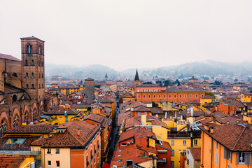 Fototapeta na wymiar Bologna. Medieval city in Emilia Romagna in Italy Europe. Art and culture. Tourists from all over the world for Piazza Maggiore, Via Indipendenza, the leaning towers and the oldest university