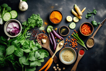 Spices and herbs on a wooden board. Pepper, salt, paprika, basil, turmeric. On a black wooden chalkboard. Top view. Free copy space