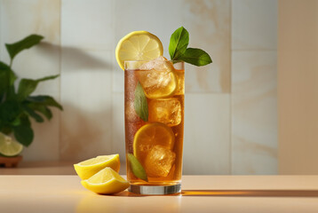 Long island iced tea on light rustic background. Summer cocktail with soda, lemon, ice and tea. Generative AI 
