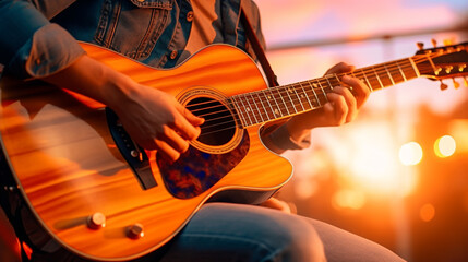  a musician passionately playing the guitar during a vibrant sunset, AI Generated