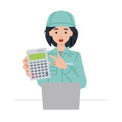 a blue-collar worker woman recommending, proposing, showing estimates and pointing a calculator with a smile in front of laptop pc