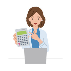 a woman in work jacket style recommending, proposing, showing estimates and pointing a calculator with a smile in front of laptop pc in front of laptop pc