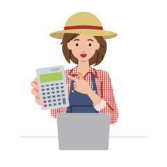 a farmer woman recommending, proposing, showing estimates and pointing a calculator with a smile in front of laptop pc