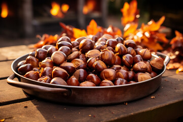 Roasted chestnuts in bowl with fire and fall autumn leaves in the background