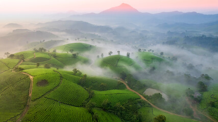 Aerial Drone Beautiful Sunrise Scene with fog at Long Coc in Phu Tho Province Vietnam