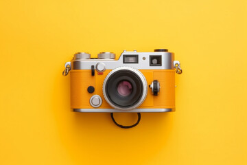 Fototapeta premium Photo camera on yellow background top view. Generative ai.