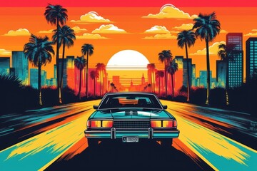 Fototapeta na wymiar Summer vibes 80s style illustration with car driving into sunset. Generative AI 5 